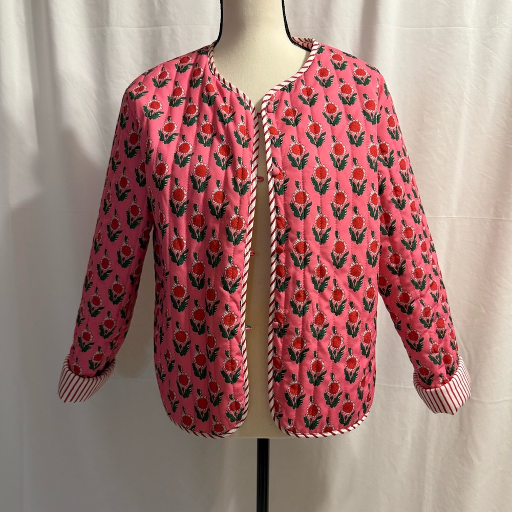 Sunday Up Red Floral Reversible Candy Cane Stripe Quilted Jacket - Size Large